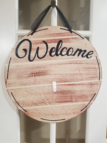 Interchangeable Base Circle - Welcome - Cream with Brown Distress and Black Letters
