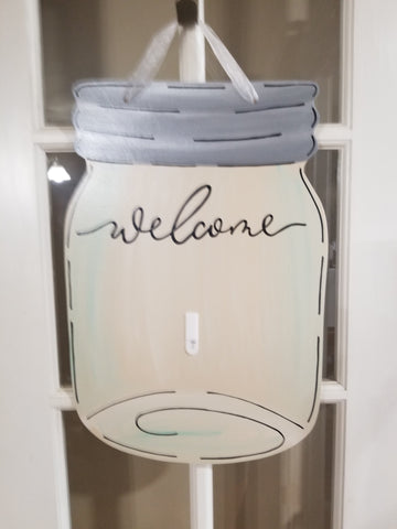 Interchangeable Base Mason Jar- Welcome- Cream with Black Letters