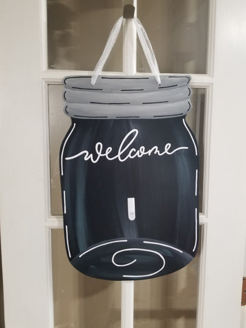 Interchangeable Base Mason Jar- Welcome- Black with White Letters