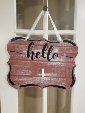 Interchangeable Base Plaque - Hello - Brown with White Distress and Black Letters