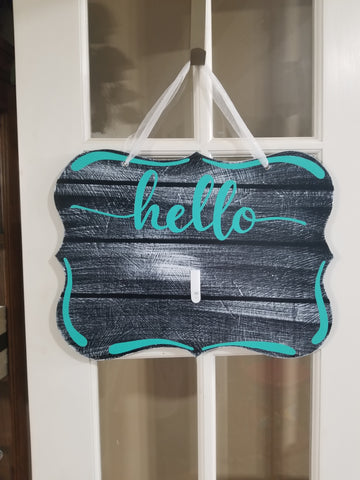 Interchangeable Base Plaque - Hello - Black with White Distress and Virdi Letters