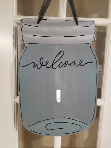 Interchangeable Base Mason Jar- Welcome - Grey with Black Letters