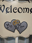 Interchangeable Season Piece - Mr. and Mrs. Hearts - Silver Hearts with gold Rings and Black lettering