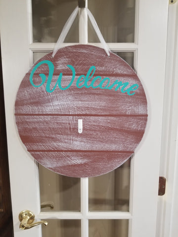 Interchangeable Base Circle - Welcome - Brown with White Distress and Virdi Letters