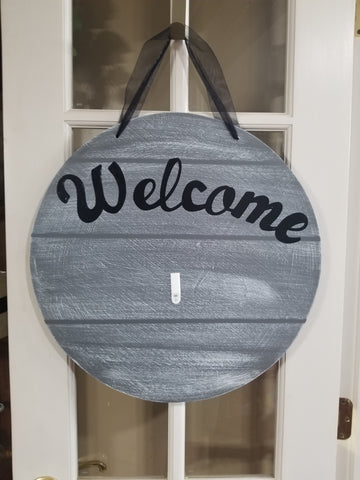 Interchangeable Base Circle - Welcome - Grey with White Distress and Black Letters