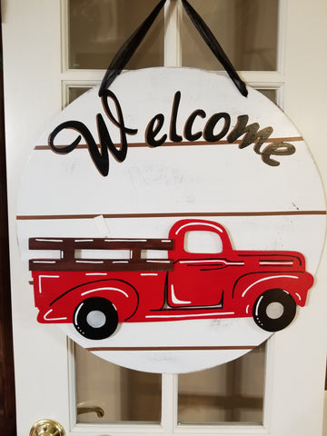 Interchangeable Base Circle with Red Truck - Welcome - White