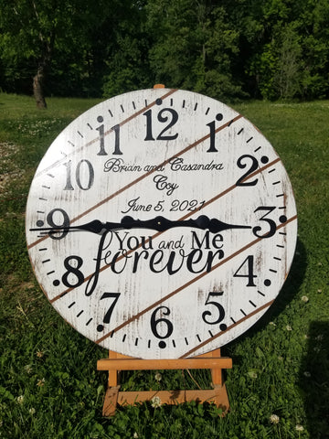 Clock - White with Brown distressing and Black Lettering - You and Me